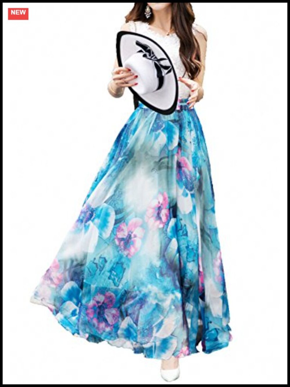 Floral Maxi Chiffon Full Length Long Beach Skirt with Elastic Waist